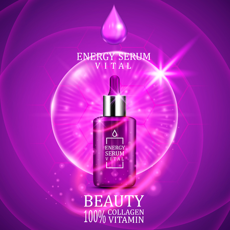 Vital serum dropper bottle on shining purple background. Realistic bottle view with magic vital drops and glitters. Skincare product design. Advertising concept. Vector illustration.のイラスト素材