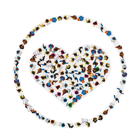 A group of people in a shape of heart icon in a circle on white background. Vector illustrationのイラスト素材