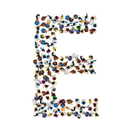 A group of people in the shape of English alphabet letter E on light background. Vector illustration.のイラスト素材