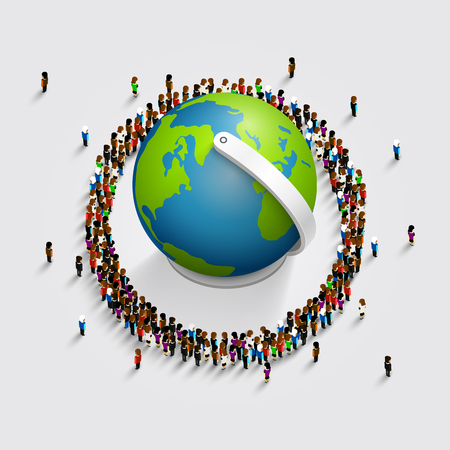 People surrounded the globe. 3d isometric. Vector illustration.のイラスト素材