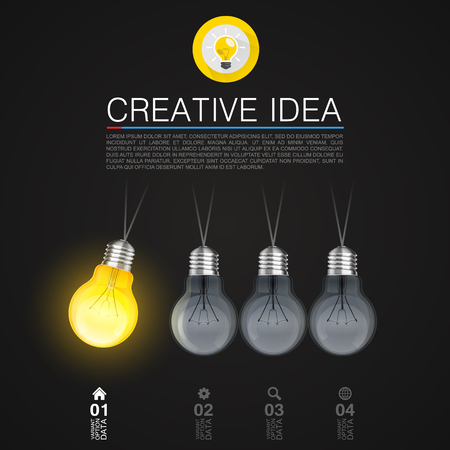 Creative idea, Idea lamp, Light Black background, Vector illustrationのイラスト素材
