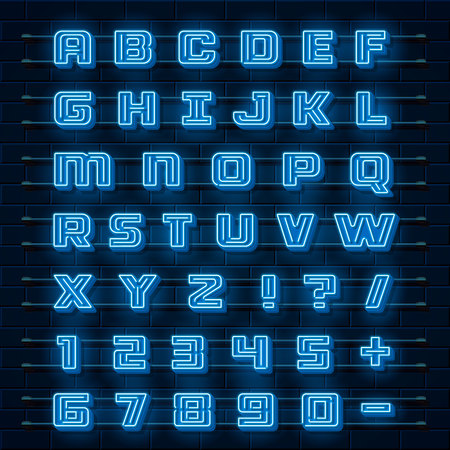 Neon font city. Neon blue font english. City alphabet font. Vector illustrationのイラスト素材