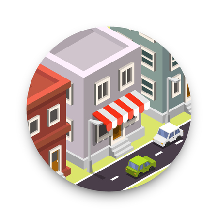 Round icon with city isolated on white background. Vector illustration.のイラスト素材