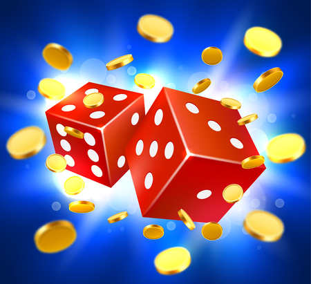 Two dices, surrounded by a luminous frame and coin explosion. Luck banner. casino concept.のイラスト素材
