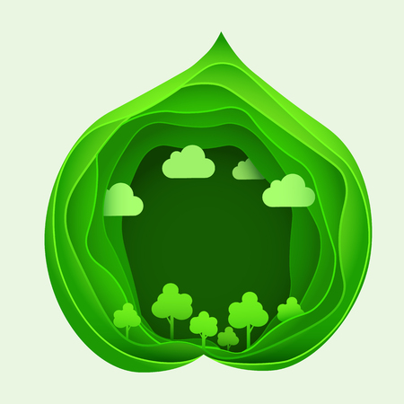 Paper art of eco park on green leaf shape. Origami concept and ecology idea Vector illustration.のイラスト素材
