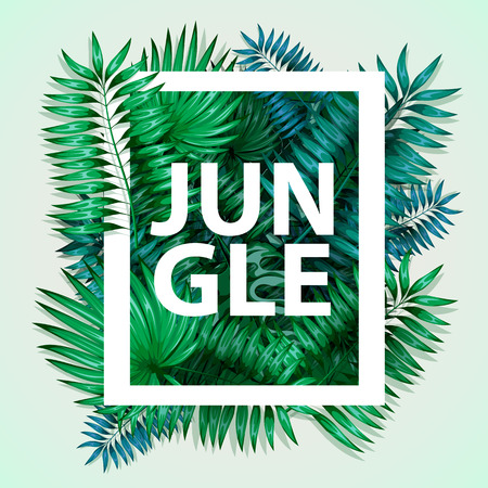 Frame of colorful tropical leaves. Concept of the jungle for the design of invitations, greeting cards and wallpapers.のイラスト素材