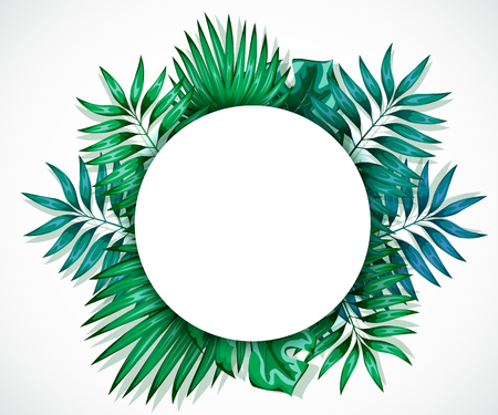 Frame of colorful tropical leaves. Concept of the jungle for the design of invitations, greeting cards and wallpapers.のイラスト素材
