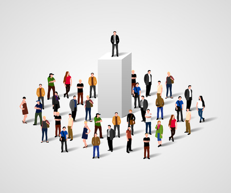Real Leader. Business Man on pedestal in crowd. Big boss or superiority concept.のイラスト素材