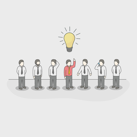 One unique businessman with light bulb of idea in a crowd.のイラスト素材