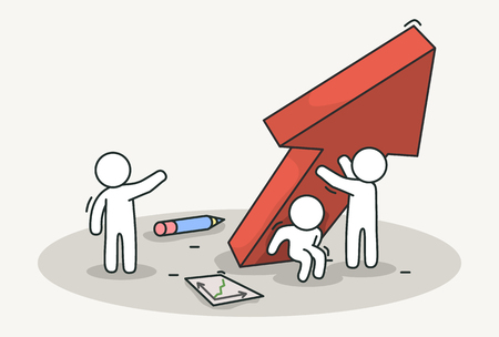 Little white people raise a red chart arrow.のイラスト素材