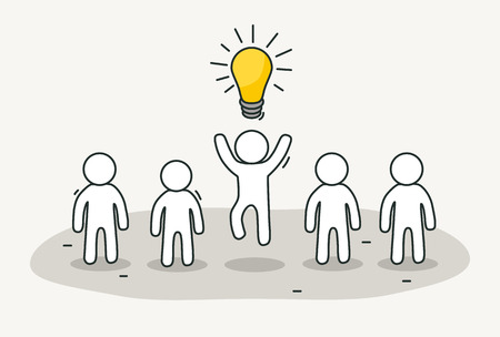 Little white people with creative leader. Creative idea, inspiration concept. Hand drawn cartoon or sketch design. Vector illustrationのイラスト素材