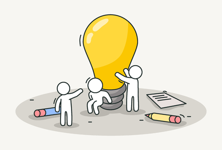 Little white people installing a lamp.のイラスト素材