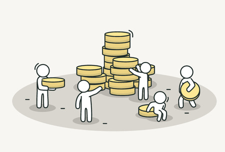 Little white people bring coins to stack.のイラスト素材