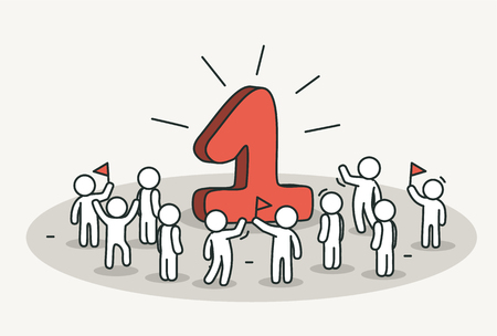 Little white people celebrate one year anniversary or birthday.のイラスト素材
