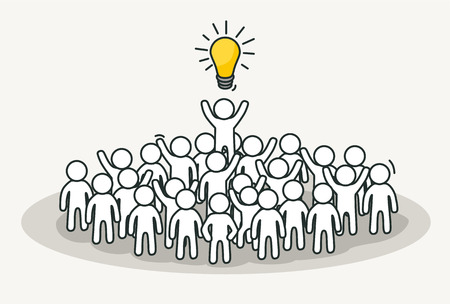 Little white people with creative leader. Creative idea, inspiration concept. Hand drawn cartoon or sketch design. Vector illustrationのイラスト素材