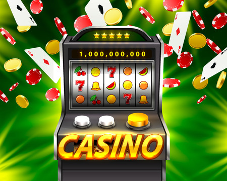 3d slots machine wins the jackpot, Isolated on green background. Vector illustrationの写真素材