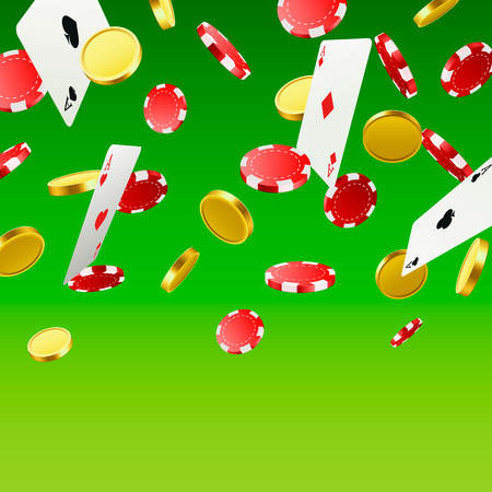 A big victory. Winning in the casino. Flying chips, playing cards and coins on a green background . Vector illustrationの写真素材
