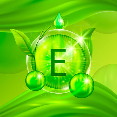 Vitamins e chemical formula, radiant substances, health advertising cover . Vector illustrationのイラスト素材