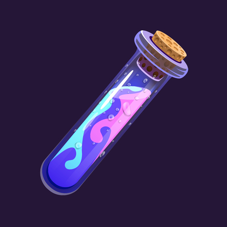 Bottle of magic. Game icon of magic elixir. Interface for rpg or match3 game. Blue and violet. Small variant. Vector illustrationのイラスト素材