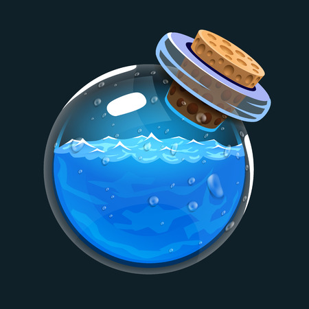 Bottle of water. Game icon of magic elixir. Interface for rpg or match3 game. Water or mana. Big variant. Vector illustrationのイラスト素材