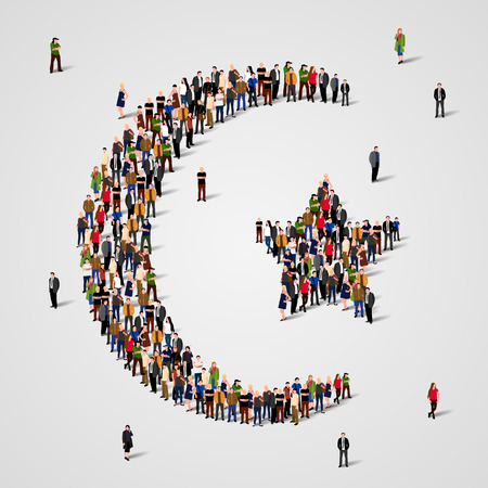 Large group of people in the shape of Star and crescent. Islam sign. Muslim background. Religious symbol.のイラスト素材