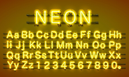 Neon city color yellow font, English alphabet and numbers sign Vector illustrationのイラスト素材