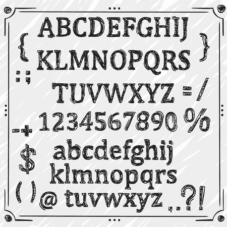 Sketch Cyrillic font, Board with a set of sketch symbolsのイラスト素材
