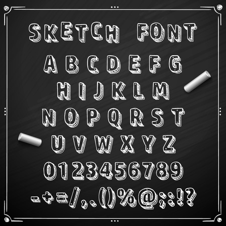 Sketch Cyrillic font, Board with a set of sketch symbolsのイラスト素材