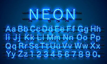 Neon city color blue font, English alphabet and numbers sign Vector illustrationのイラスト素材