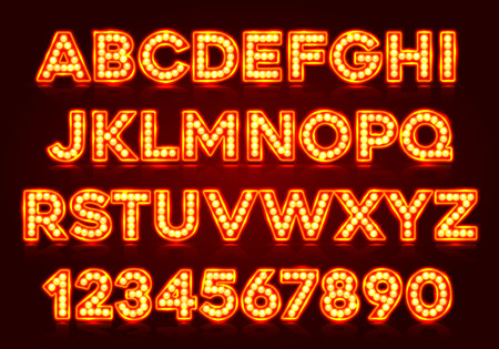 Red fluorescent neon font on dark background. Nightlight alphabet illustration.の写真素材