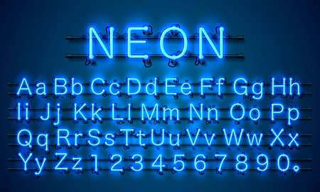 Neon city color blue font. English alphabet and numbers sign. Vector illustrationの写真素材