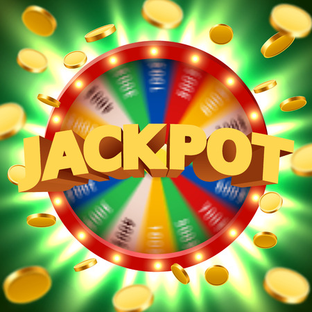 Realistic 3d spinning fortune wheel with flying golden coins. Lucky roulette. Vector illustrationのイラスト素材