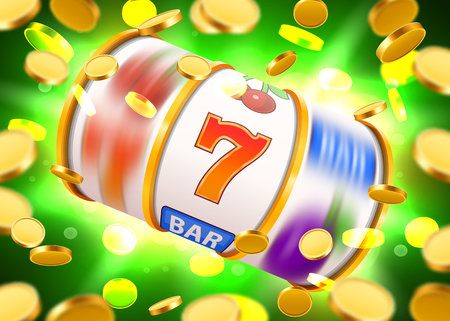 Golden slot machine with flying golden coins wins the jackpot. Big win concept. Vector illustrationのイラスト素材