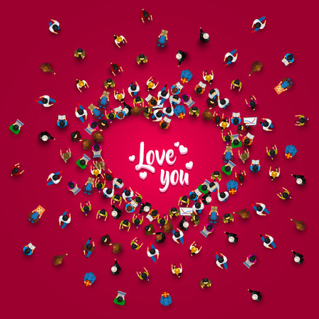 Crowd of people in the form of a heart symbol on a red background . Vector illustrationのイラスト素材