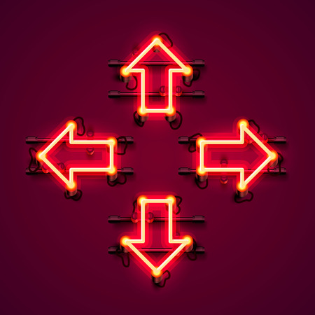 Neon arrow up, down, left and right on the red background. Vector illustration