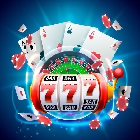 Casino 3d cover, slot machines and roulette with cards, Scene background art. Vector illustrationの写真素材