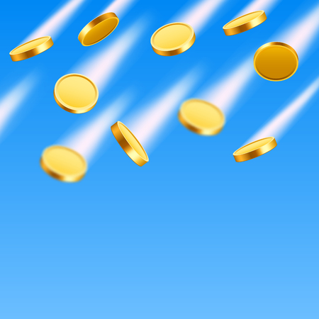 Falling coins, falling money, flying gold coins, golden rain. Jackpot or success concept. Modern background. Vector illustrationのイラスト素材