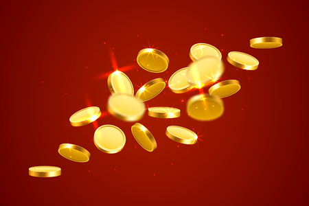 Falling coins, falling money, flying gold coins, golden rain. Jackpot or success concept. Modern background. Vector illustrationのイラスト素材