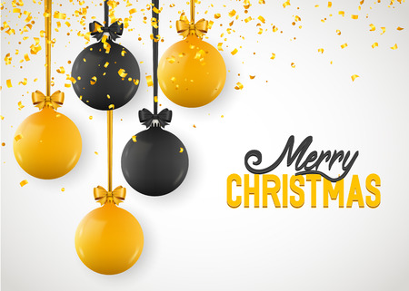 Christmas greeting card, design of xmas balls with golden confetti. Vector illustrationの写真素材