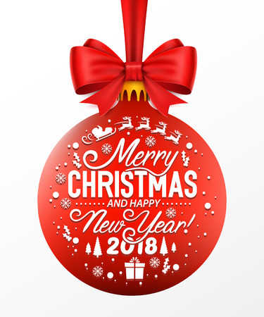 Red Christmas ball with ribbon and a bow, isolated on white background. Vector illustration.の写真素材