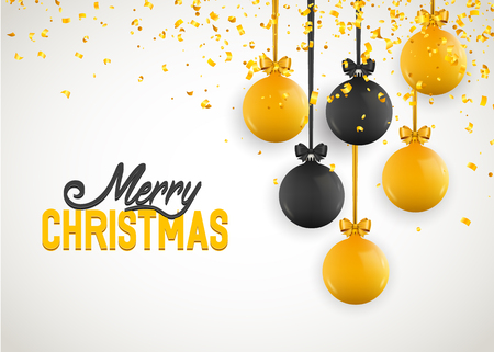 Christmas greeting card, design of xmas balls with golden confetti. Vector illustrationの写真素材