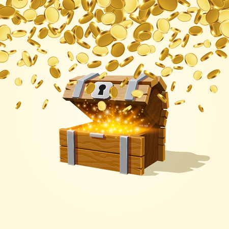 Open chest with gold, Falling from the top a lot of coins. Vector illustrationの写真素材