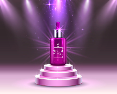 Vital serum dropper bottle on shining purple background. Realistic bottle view with magic vital drops and glitters. Skincare product design. Advertising concept. Vectorの写真素材