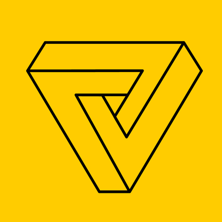 Outline yellow penrose triangle. Geometric 3D object optical illusion. Vector illustration.の写真素材
