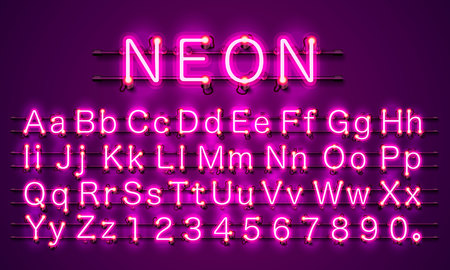 Neon banner text. Neon font city color purple, Alphabet font. Vector illustrationの写真素材