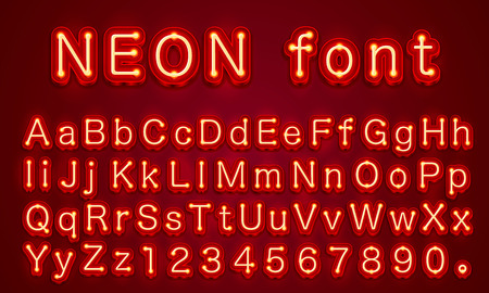 Neon city color red font. English alphabet and numbers sign. Vector illustrationの写真素材