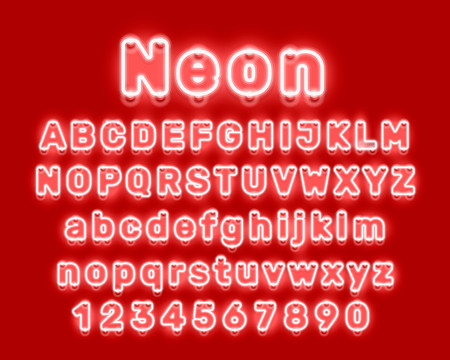Neon city color red font. English alphabet and numbers sign. Vector illustrationの写真素材