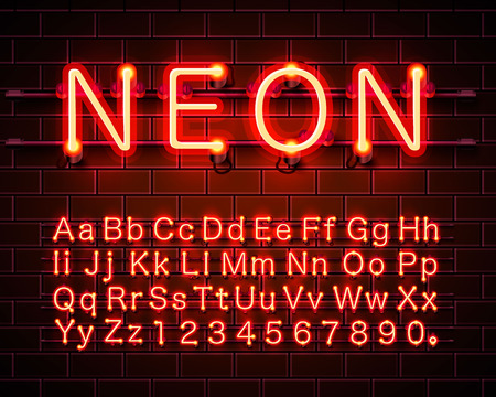 Neon city color red font. English alphabet and numbers sign. Vector illustrationの写真素材