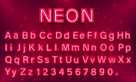 Neon city color red font. English alphabet and numbers sign. Vector illustrationの写真素材