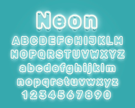 Neon city color blue font. English alphabet and numbers sign. Vector illustrationの写真素材
